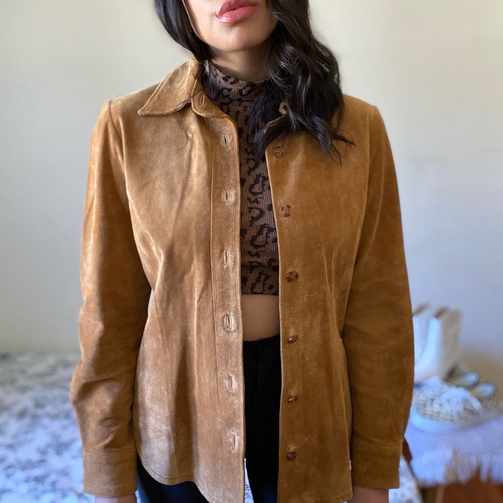 Tan 100% leather button up coat